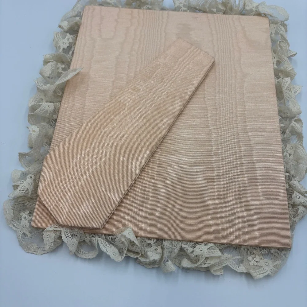 Vintage 80s Shabby Chic Peach Moire Silk Lace Ruffle Tabletop Frame Mirror